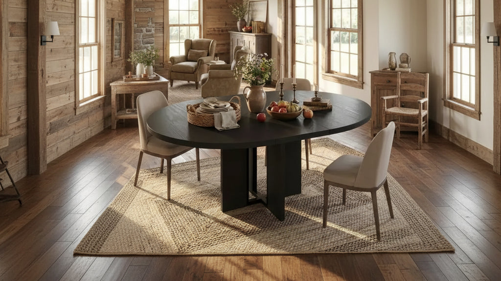 Table à manger ronde extensible 47-63 pouces de style ferme, table de cuisine extensible en bois avec support métallique pour pieds plus larges, idéale pour 4 à 8 personnes dans des appartements compacts