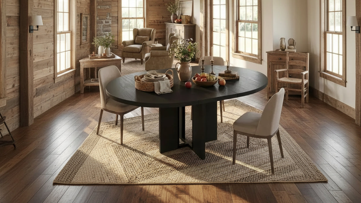 Table à manger ronde extensible 47-63 pouces de style ferme, table de cuisine extensible en bois avec support métallique pour pieds plus larges, idéale pour 4 à 8 personnes dans des appartements compacts