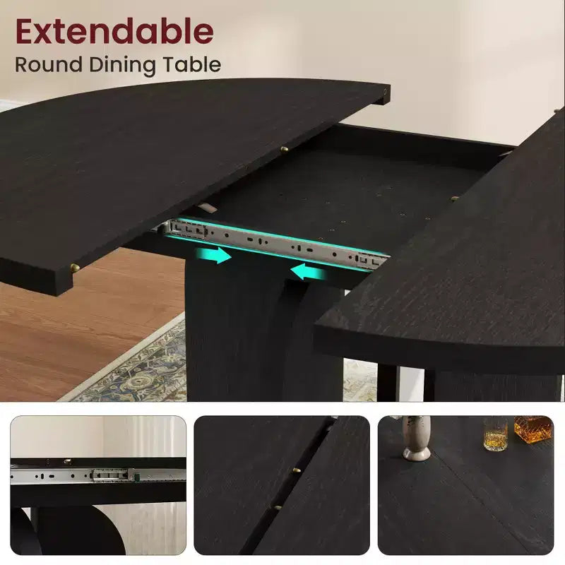 Table à manger ronde extensible 47-63 pouces de style ferme, table de cuisine extensible en bois avec support métallique pour pieds plus larges, idéale pour 4 à 8 personnes dans des appartements compacts