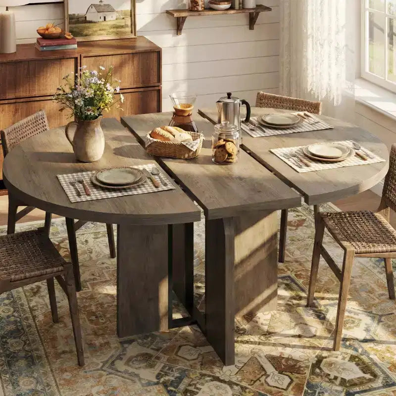 Table à manger ronde extensible 47-63 pouces de style ferme, table de cuisine extensible en bois avec support métallique pour pieds plus larges, idéale pour 4 à 8 personnes dans des appartements compacts