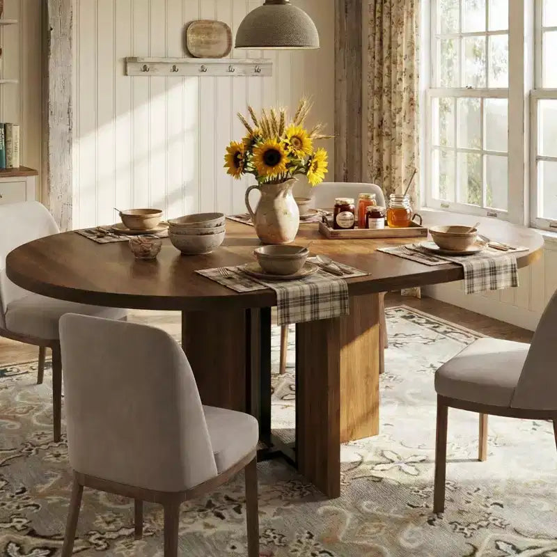 Table à manger ronde extensible 47-63 pouces de style ferme, table de cuisine extensible en bois avec support métallique pour pieds plus larges, idéale pour 4 à 8 personnes dans des appartements compacts