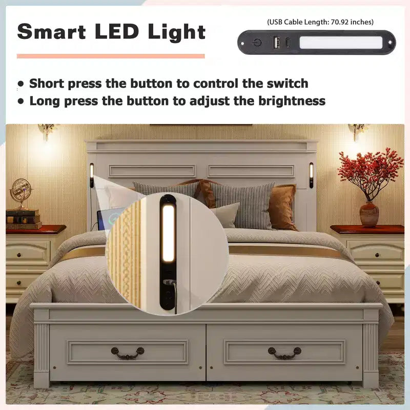 Lit de Ferme avec Tête de Lit Haute à Panneaux, Tiroirs de Rangement et Lumières LED (Grand Lit/Très Grand Lit)