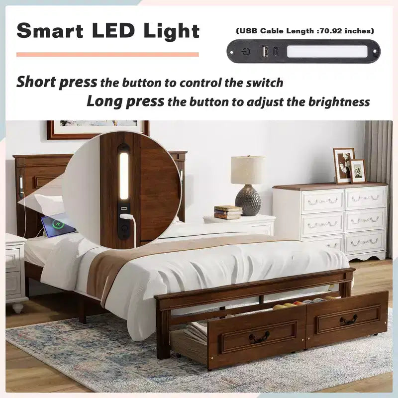 Lit de Ferme avec Tête de Lit Haute à Panneaux, Tiroirs de Rangement et Lumières LED (Grand Lit/Très Grand Lit)