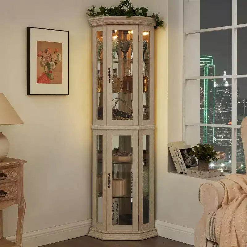 Meuble d'angle de salon MDF+Verre trempé, Étagères réglables, Gain de place