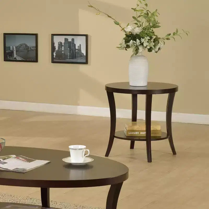 Table d'appoint ronde moderne en bois à 2 niveaux avec étagère inférieure et pieds incurvés