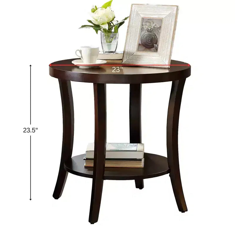 Table d'appoint ronde moderne en bois à 2 niveaux avec étagère inférieure et pieds incurvés