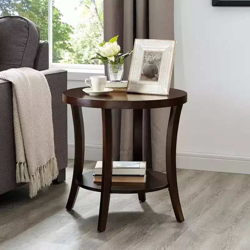 Table d'appoint ronde moderne en bois à 2 niveaux avec étagère inférieure et pieds incurvés