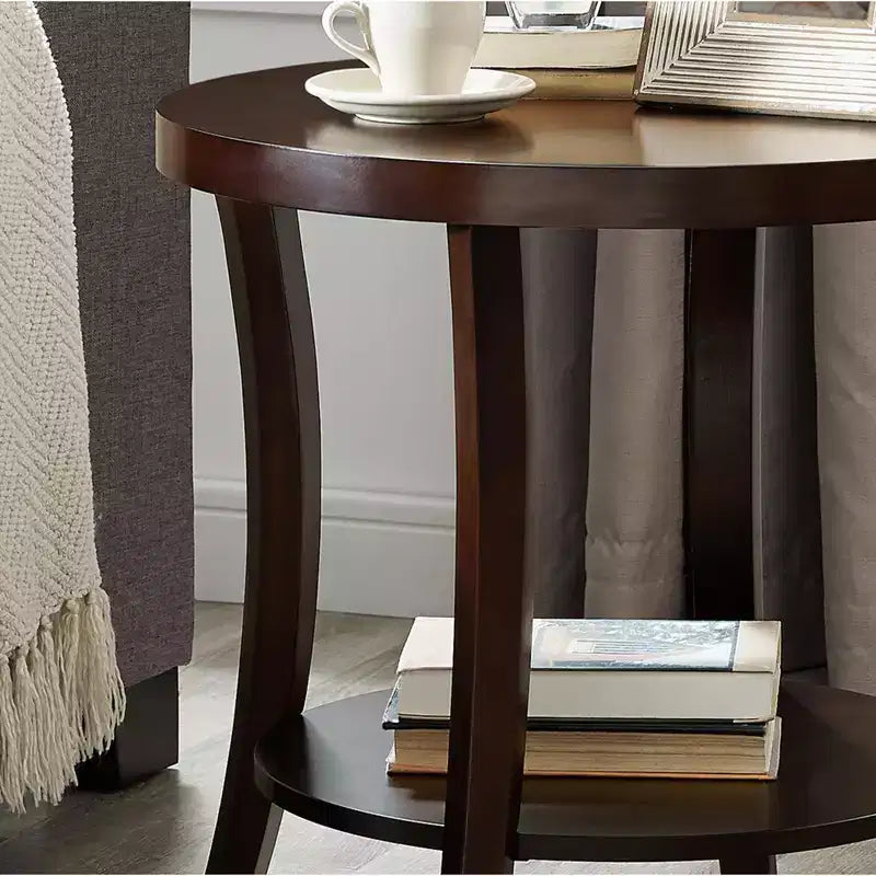 Table d'appoint ronde moderne en bois à 2 niveaux avec étagère inférieure et pieds incurvés