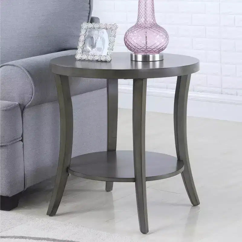 Table d'appoint ronde moderne en bois à 2 niveaux avec étagère inférieure et pieds incurvés