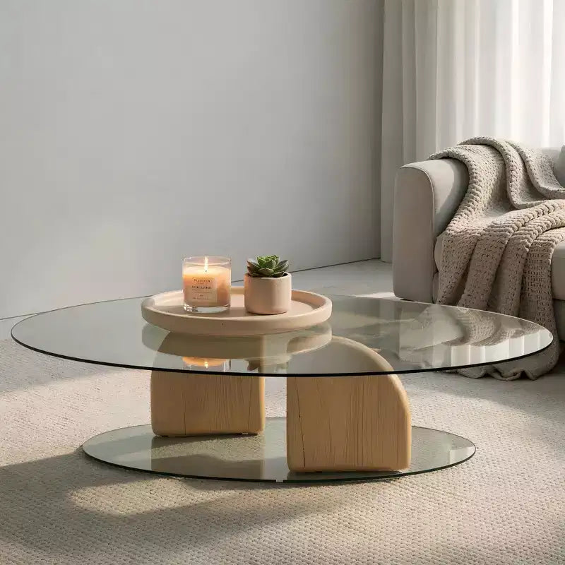 Table basse ovale moderne en verre et béton léger