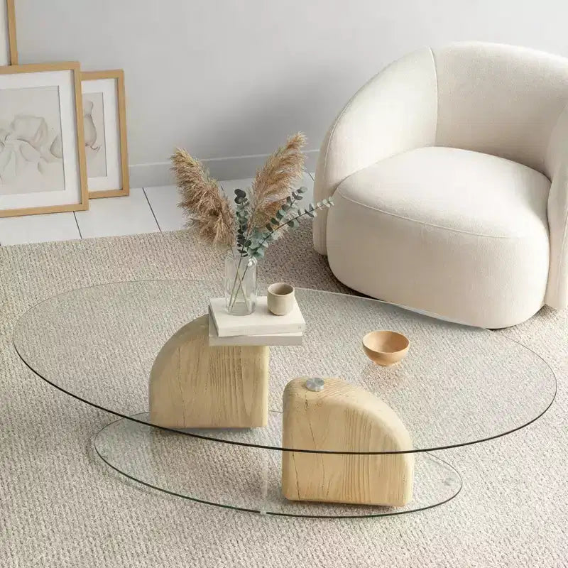 Table basse ovale moderne en verre et béton léger