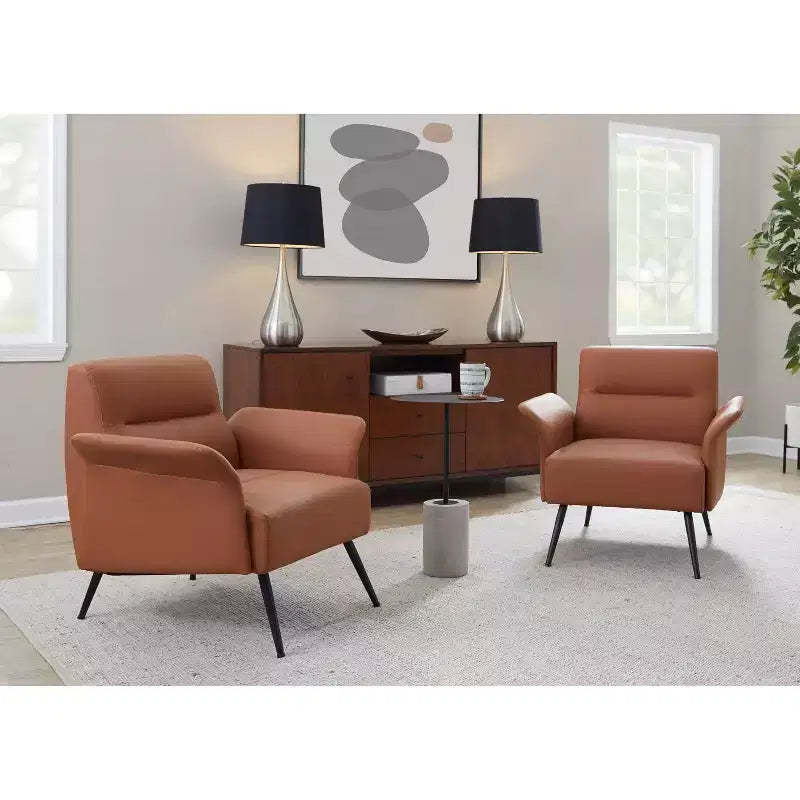 Fauteuil Pétale, cadre en métal noir avec revêtement en similicuir couleur camel
