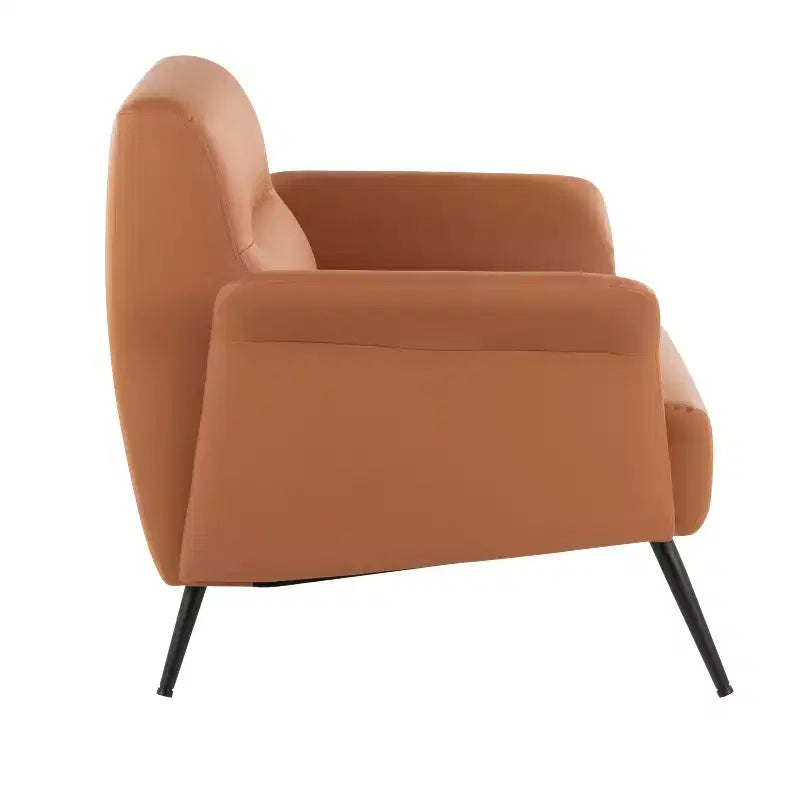 Fauteuil Pétale, cadre en métal noir avec revêtement en similicuir couleur camel