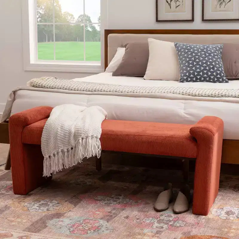 Banc rembourré en velours côtelé rouille