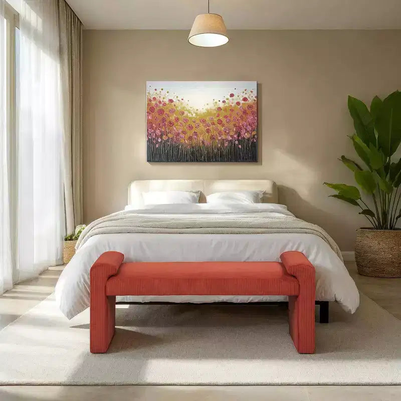Banc rembourré en velours côtelé rouille