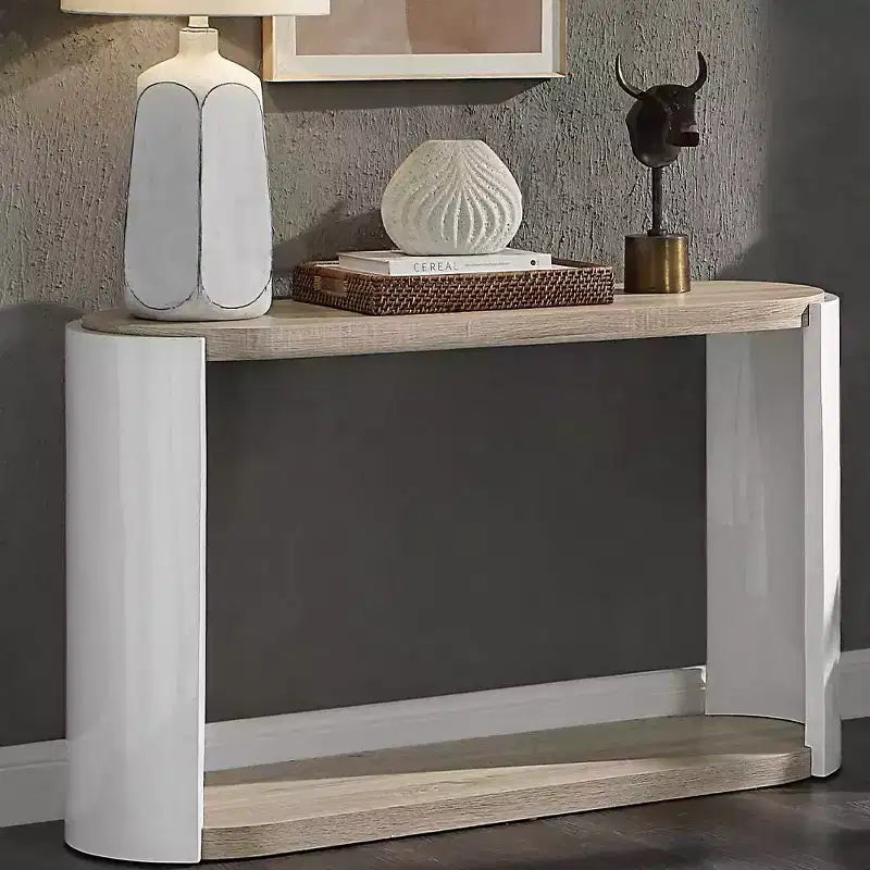 Console, blanc/chêne finition laquée brillante avec étagère ouverte