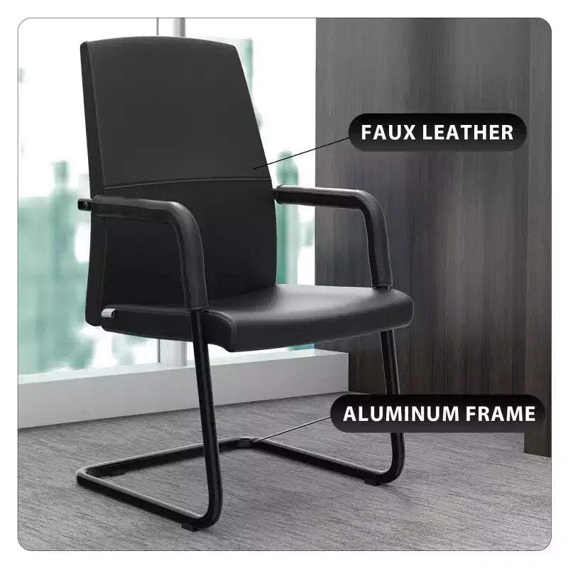 Chaise de bureau moderne en similicuir noir avec base traîneau robuste – Siège ergonomique pour bureau et visiteurs