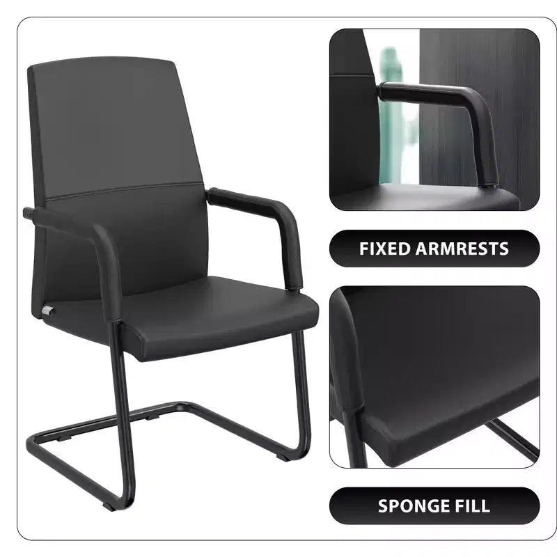 Chaise de bureau moderne en similicuir noir avec base traîneau robuste – Siège ergonomique pour bureau et visiteurs