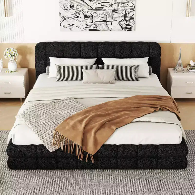 Cadre de lit plateforme rembourré en bois Queen Size avec tête de lit en velours