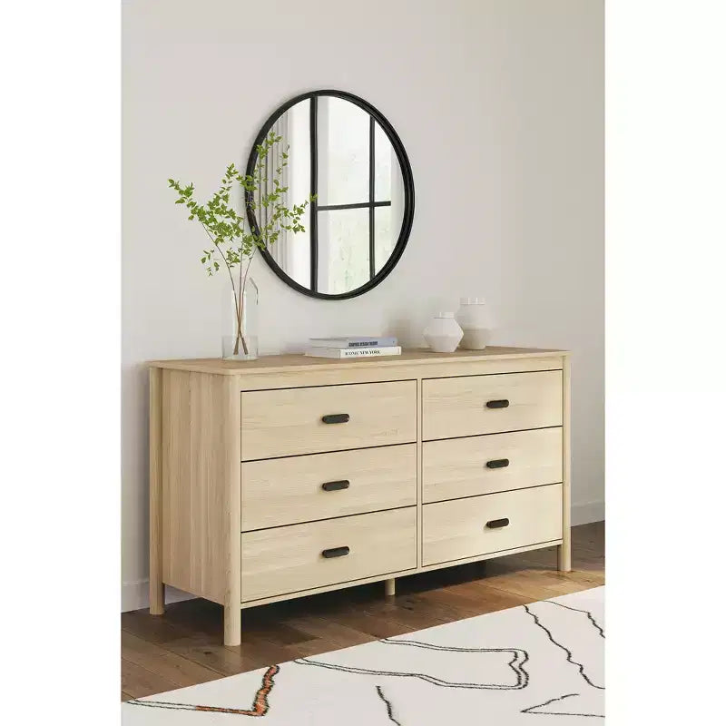 Commode six tiroirs, finition grain de bois de frêne naturel, couleur tan