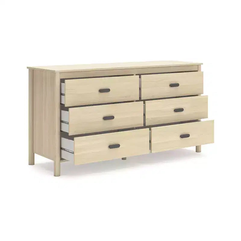 Commode six tiroirs, finition grain de bois de frêne naturel, couleur tan