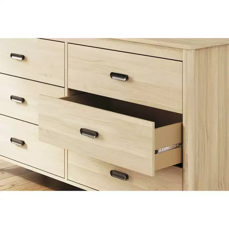 Commode six tiroirs, finition grain de bois de frêne naturel, couleur tan
