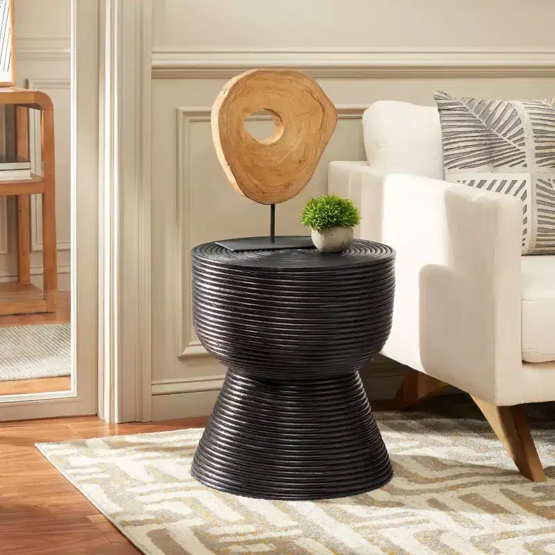 Table d'appoint ronde en rotin, noir vieilli