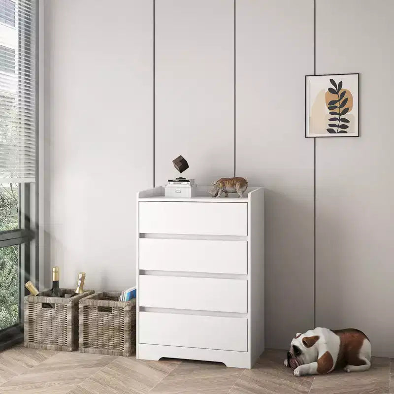Commode 4 tiroirs, Commode sans poignée, Commode blanche pour chambre à coucher, Meuble en bois imperméable avec cadre robuste pour salon, entrée
