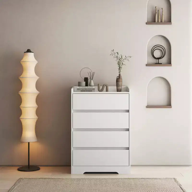 Commode 4 tiroirs, Commode sans poignée, Commode blanche pour chambre à coucher, Meuble en bois imperméable avec cadre robuste pour salon, entrée