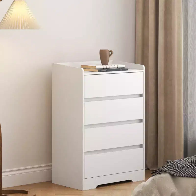 Commode 4 tiroirs, Commode sans poignée, Commode blanche pour chambre à coucher, Meuble en bois imperméable avec cadre robuste pour salon, entrée