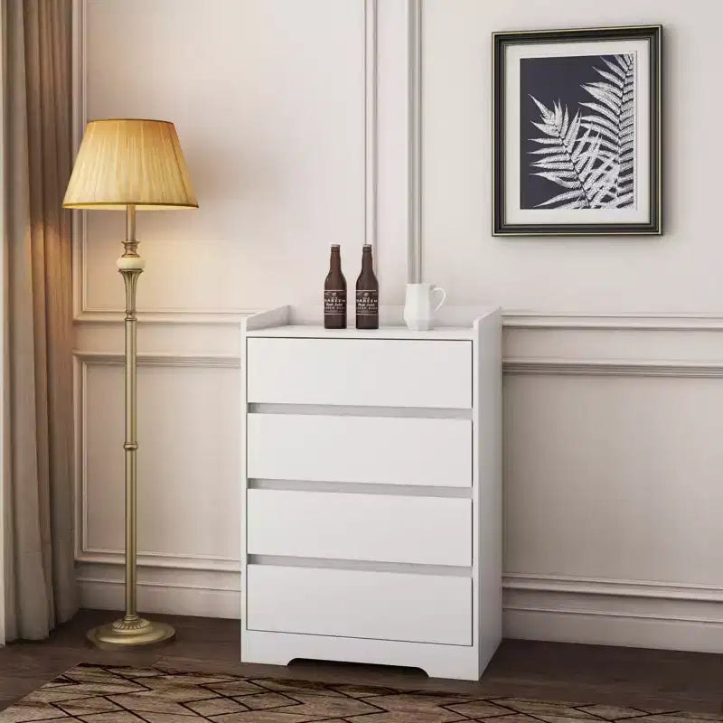 Commode 4 tiroirs, Commode sans poignée, Commode blanche pour chambre à coucher, Meuble en bois imperméable avec cadre robuste pour salon, entrée