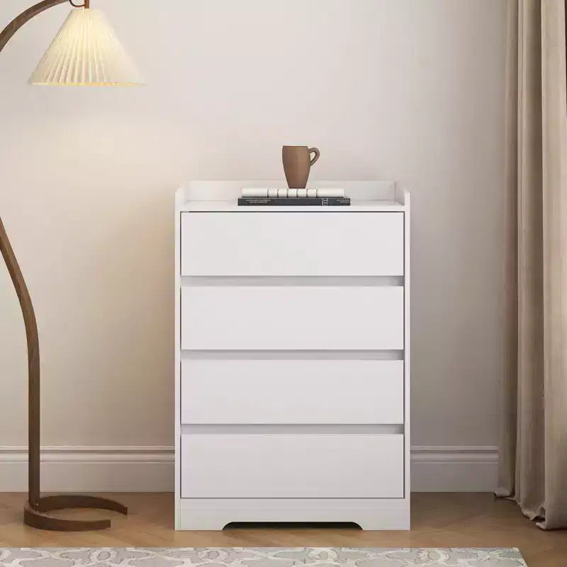 Commode 4 tiroirs, Commode sans poignée, Commode blanche pour chambre à coucher, Meuble en bois imperméable avec cadre robuste pour salon, entrée