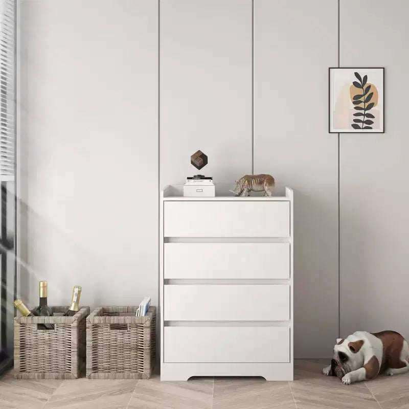 Commode 4 tiroirs, Commode sans poignée, Commode blanche pour chambre à coucher, Meuble en bois imperméable avec cadre robuste pour salon, entrée