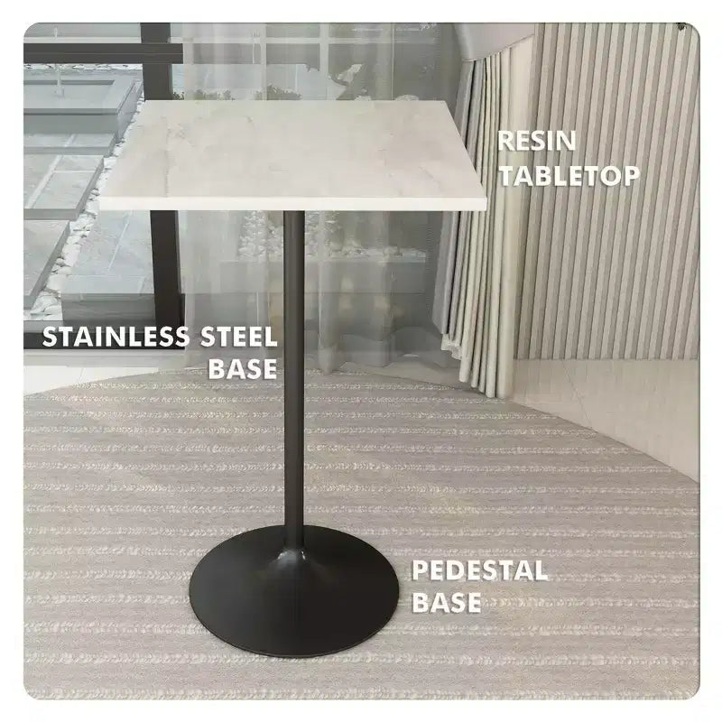 Table de salle à manger carrée de 68,5 cm de hauteur bar, plateau moderne en résine avec pied piédestal en acier noir, table hauteur comptoir pour cuisine, maison et pub