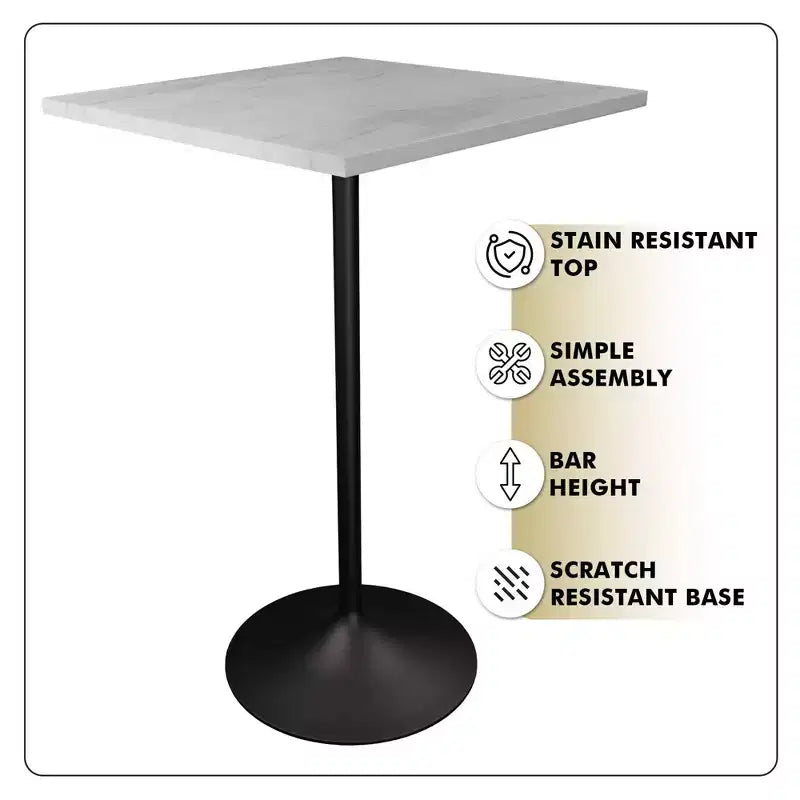Table de salle à manger carrée de 68,5 cm de hauteur bar, plateau moderne en résine avec pied piédestal en acier noir, table hauteur comptoir pour cuisine, maison et pub