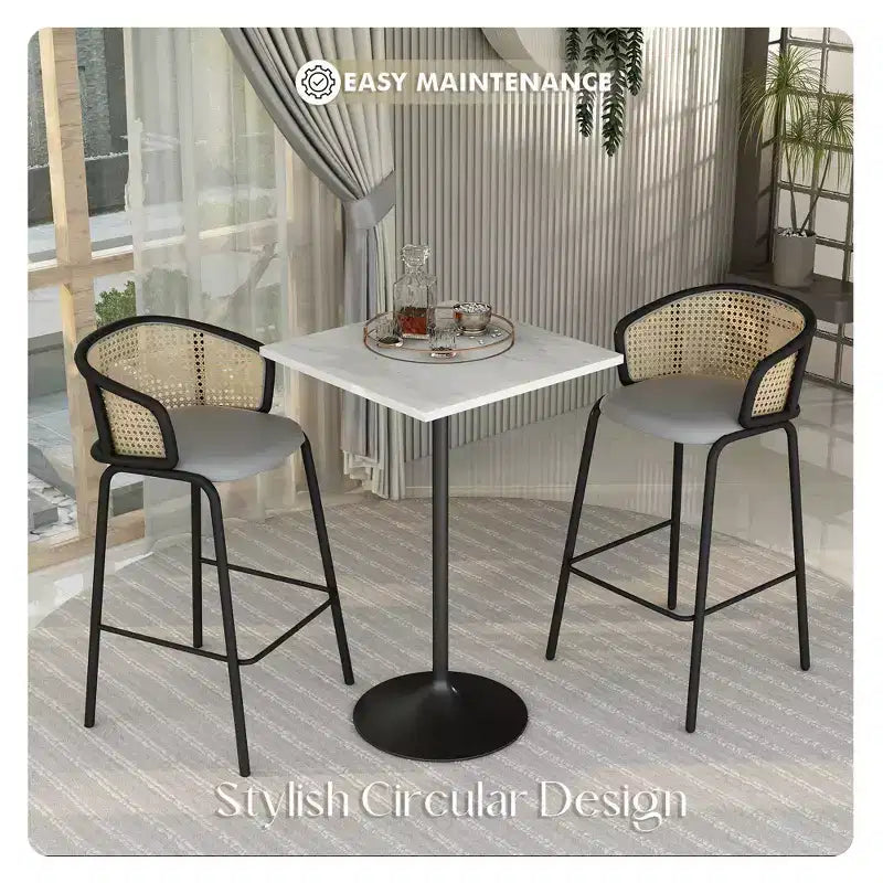 Table de salle à manger carrée de 68,5 cm de hauteur bar, plateau moderne en résine avec pied piédestal en acier noir, table hauteur comptoir pour cuisine, maison et pub
